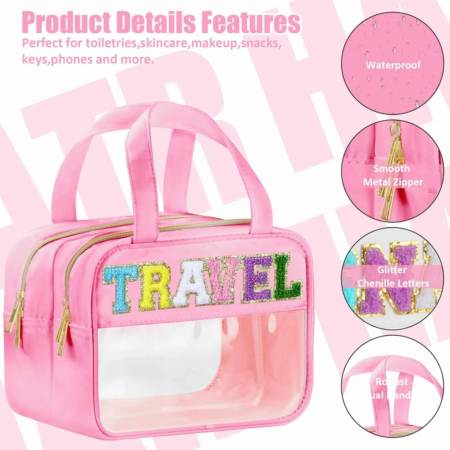 Chenille Letter Clear Travel Bags, Makeup Bag for Travel, Preppy Patch Nylon Cosmetic Bag with Handles and Zipper, Waterproof Large Clear Travel Toiletry Bag Storage Bag for Women Pink