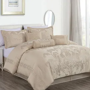 Chezmoi Collection Royale 7-Piece Jacquard Floral Comforter Set, Queen, Champagne