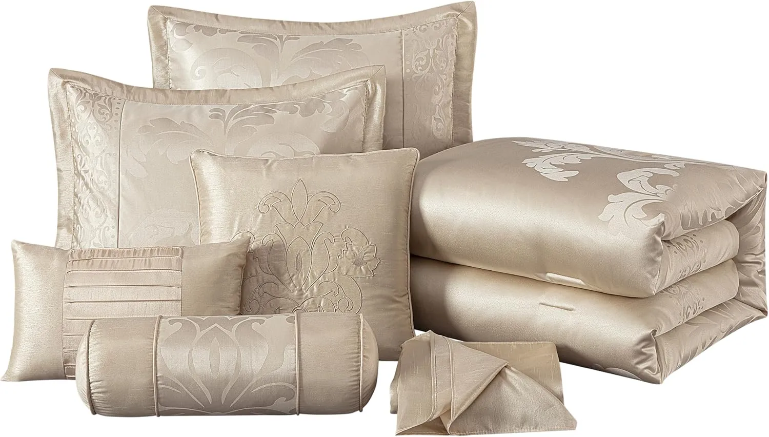 Chezmoi Collection Royale 7-Piece Jacquard Floral Comforter Set, Queen, Champagne
