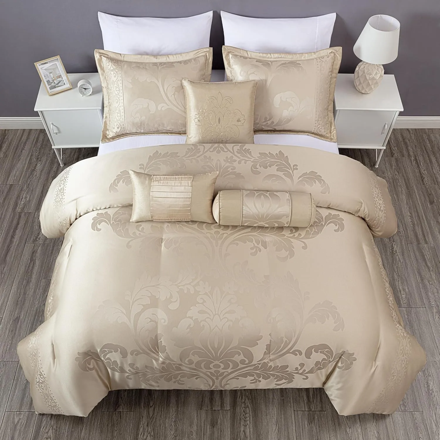 Chezmoi Collection Royale 7-Piece Jacquard Floral Comforter Set, Queen, Champagne