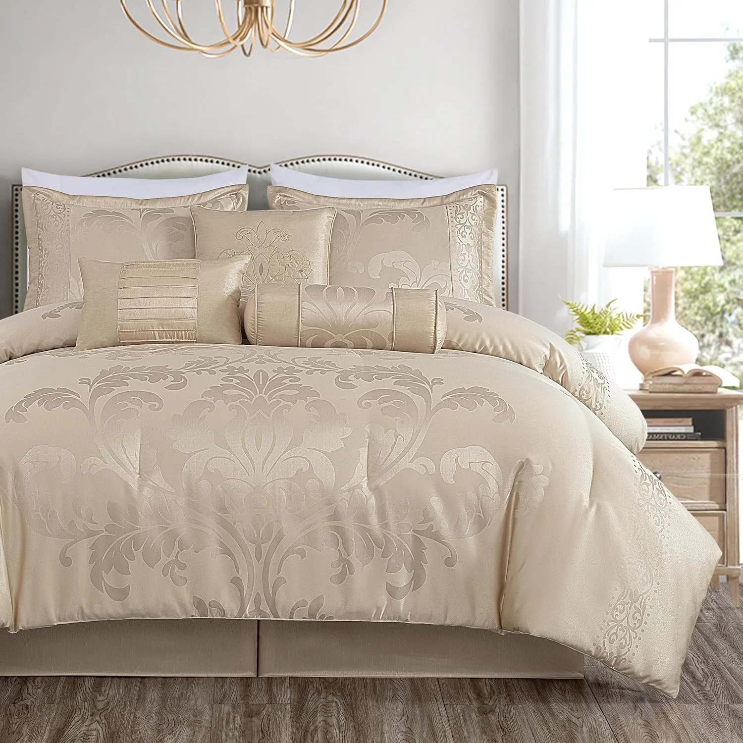 Chezmoi Collection Royale 7-Piece Jacquard Floral Comforter Set, Queen, Champagne