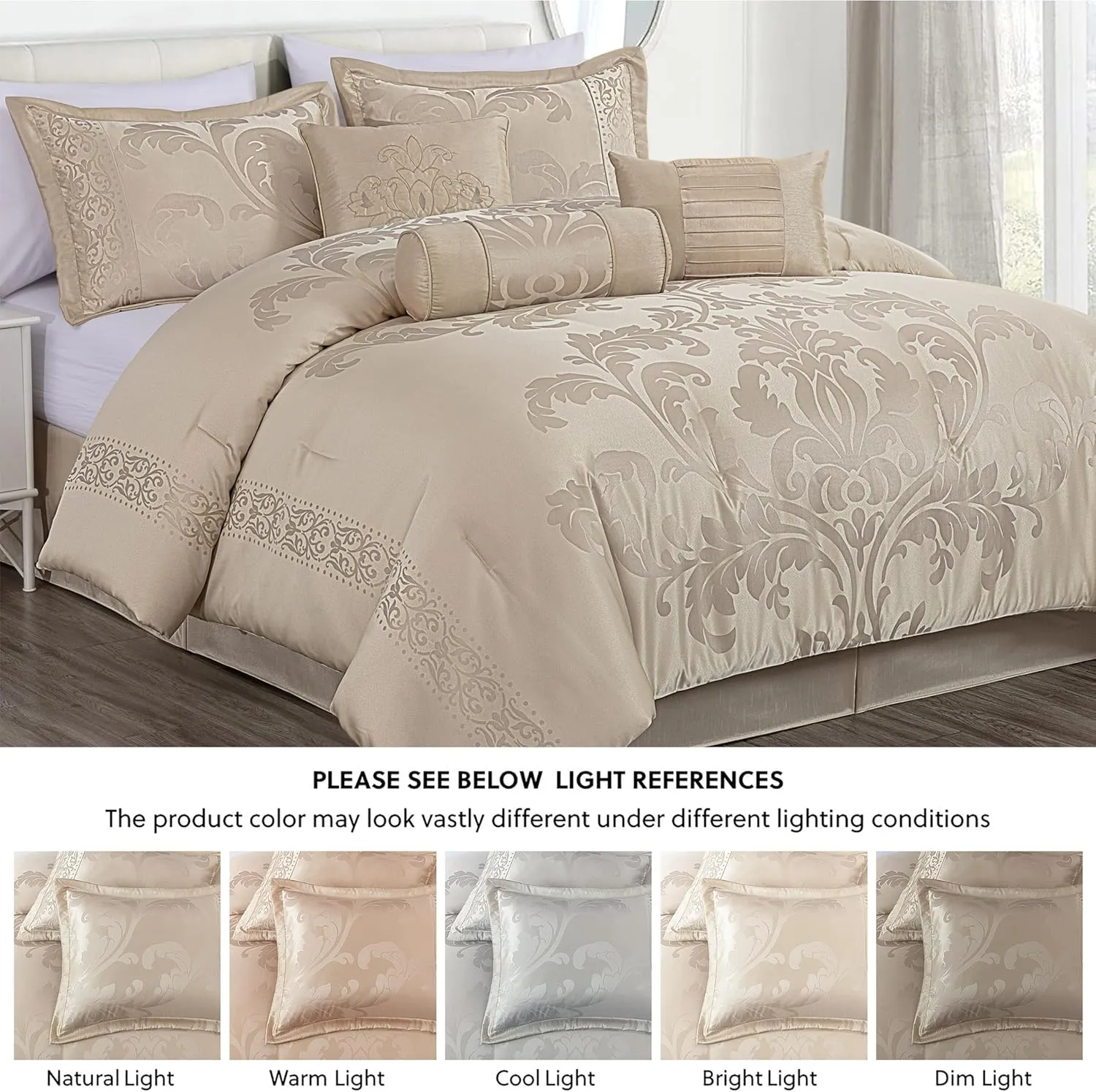Chezmoi Collection Royale 7-Piece Jacquard Floral Comforter Set, Queen, Champagne