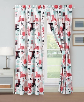 Chezmoi Collection 4-Piece Kids/Teens Cartoon Cats Window Curtain Set - Soft Microfiber Blue Pink Black White Whimsical Cute Cat Children Bedroom Curtains, 2-Panels (42" W x 63" L)