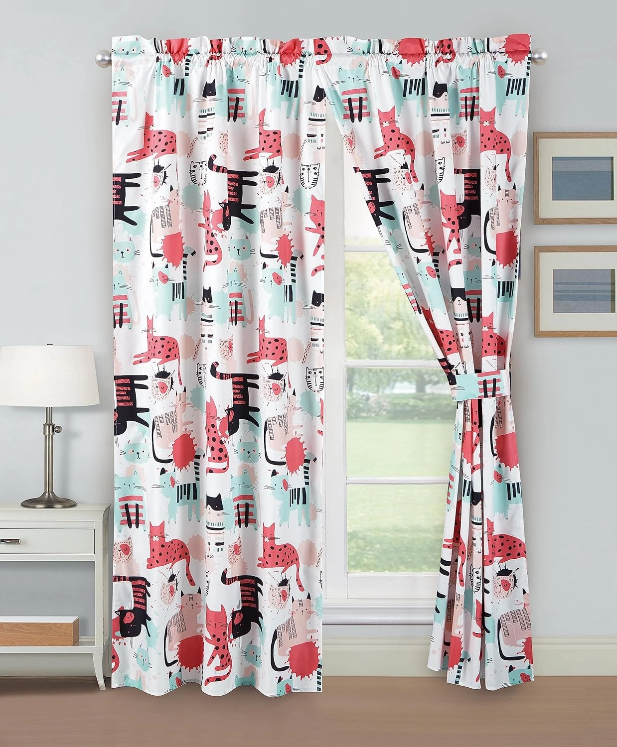 Chezmoi Collection 4-Piece Kids/Teens Cartoon Cats Window Curtain Set - Soft Microfiber Blue Pink Black White Whimsical Cute Cat Children Bedroom Curtains, 2-Panels (42" W x 63" L)