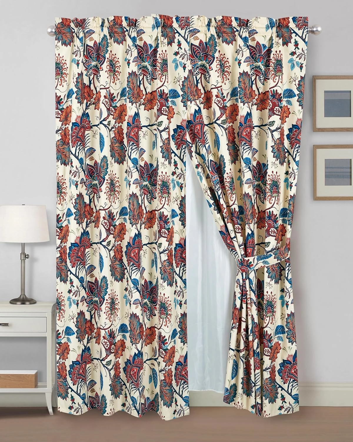 Chezmoi Collection 4-Piece Paradise Floral Window Curtain Set with Sheer Backing - Multicolor Blue Red Orange Cream Printed Microfiber, 120 inch x 84 inch