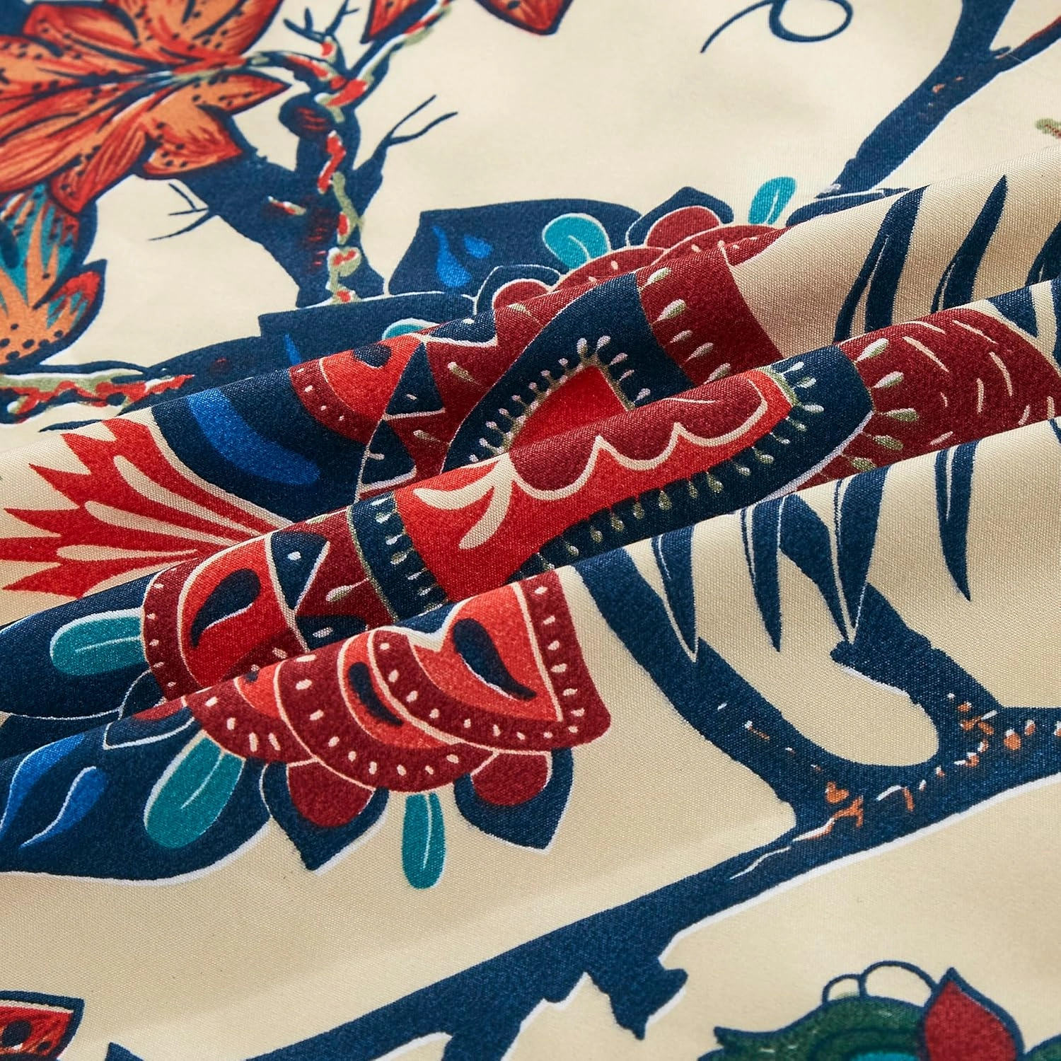 Chezmoi Collection 4-Piece Paradise Floral Window Curtain Set with Sheer Backing - Multicolor Blue Red Orange Cream Printed Microfiber, 120 inch x 84 inch