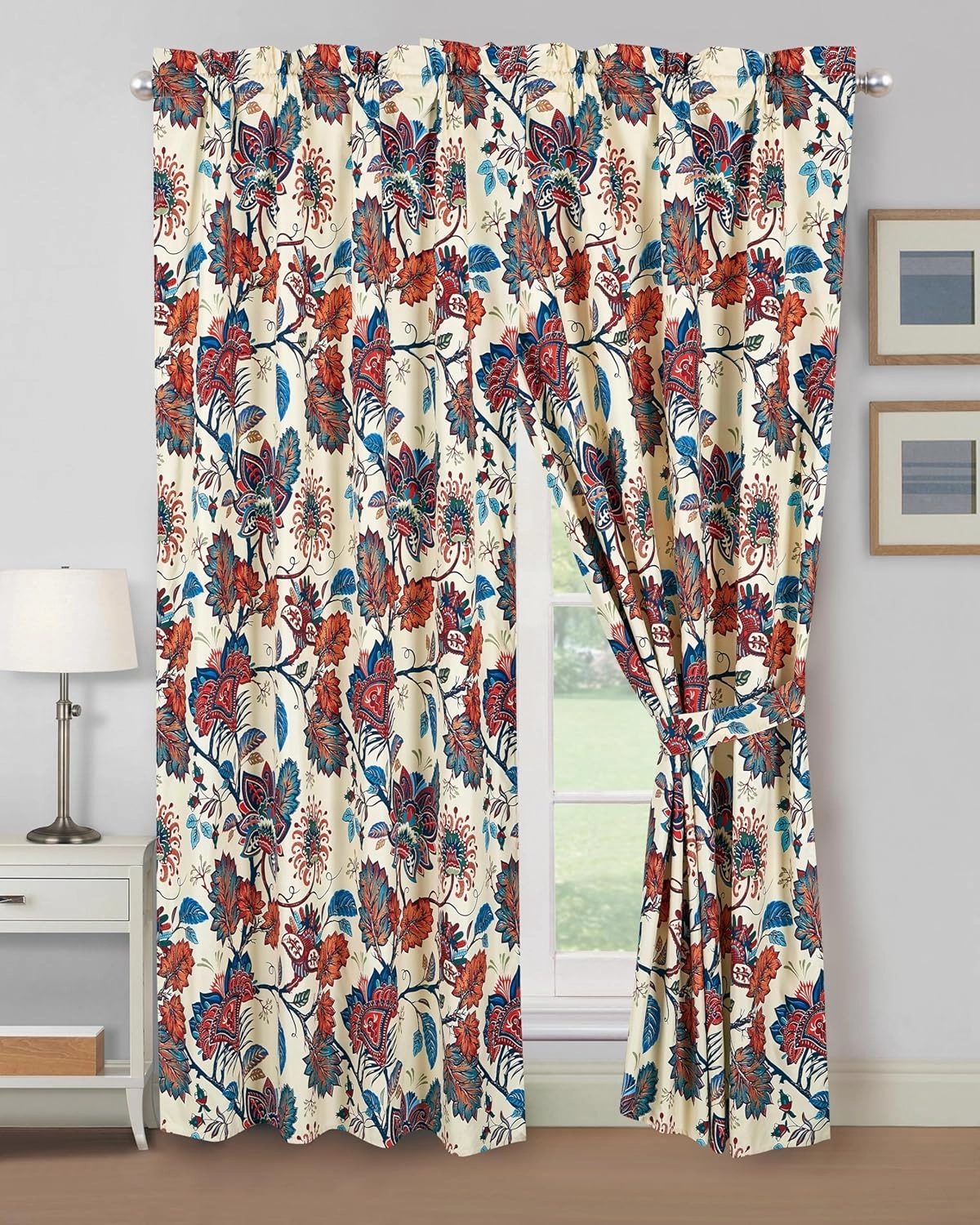 Chezmoi Collection 4-Piece Paradise Floral Window Curtain Set with Sheer Backing - Multicolor Blue Red Orange Cream Printed Microfiber, 120 inch x 84 inch