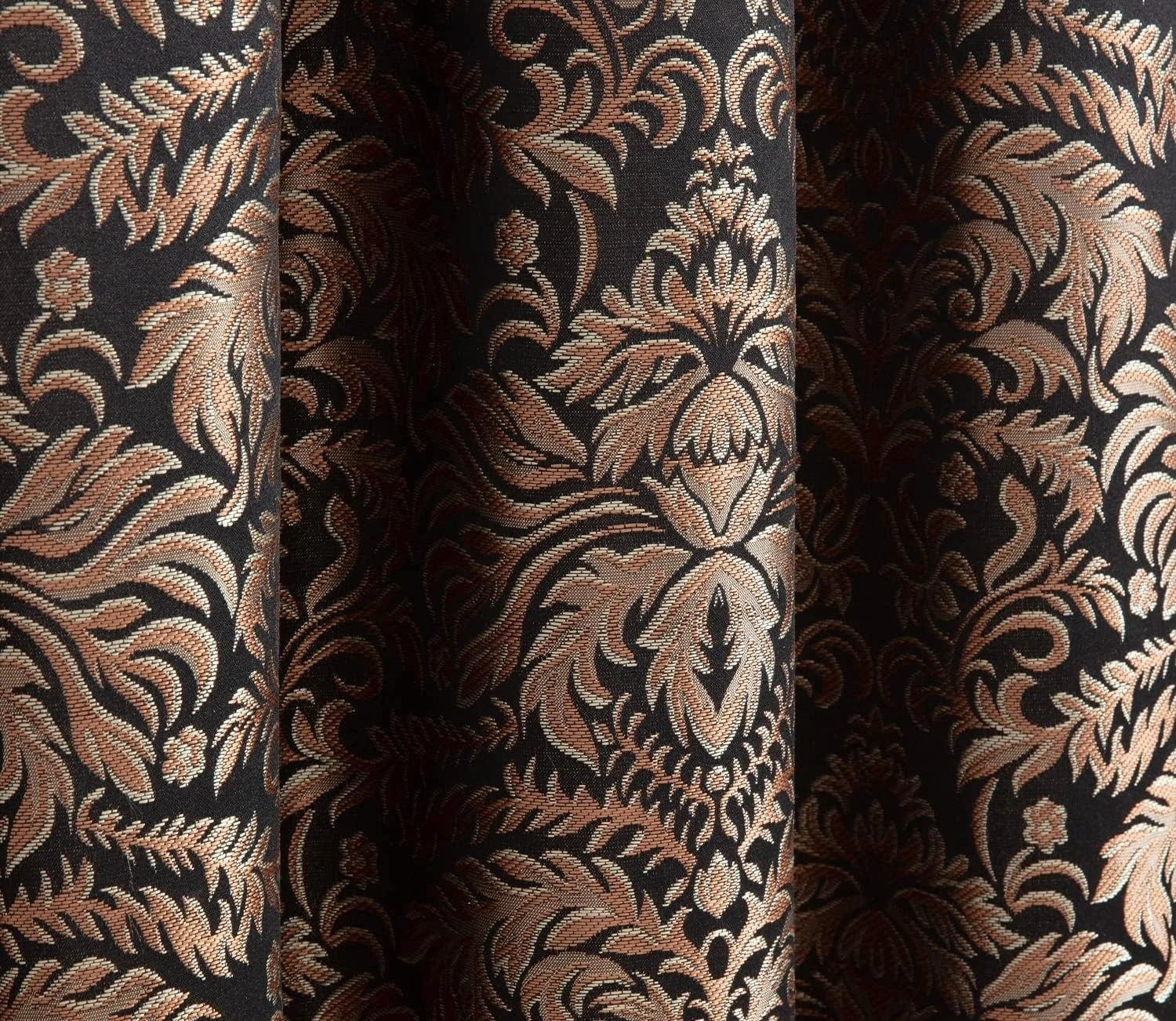 Chezmoi Collection Lisbon 4-Piece Jacquard Floral Window Curtain Set, Sheer Backing, Tassels, Valance, Black/Gold