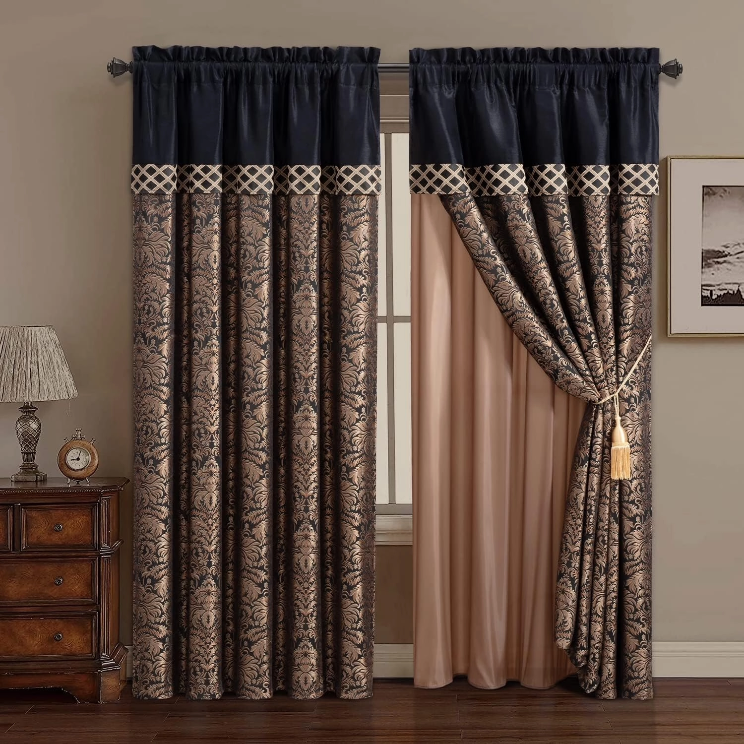 Chezmoi Collection Lisbon 4-Piece Jacquard Floral Window Curtain Set, Sheer Backing, Tassels, Valance, Black/Gold