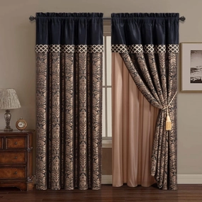 Chezmoi Collection Lisbon 4-Piece Jacquard Floral Window Curtain Set, Sheer Backing, Tassels, Valance, Black/Gold