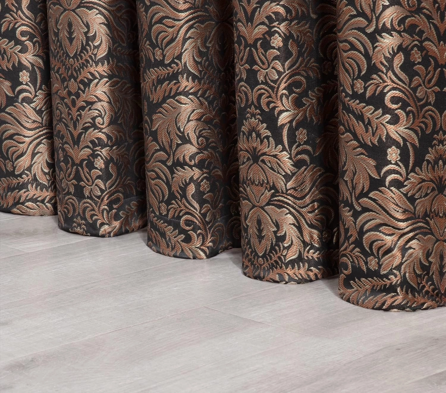 Chezmoi Collection Lisbon 4-Piece Jacquard Floral Window Curtain Set, Sheer Backing, Tassels, Valance, Black/Gold