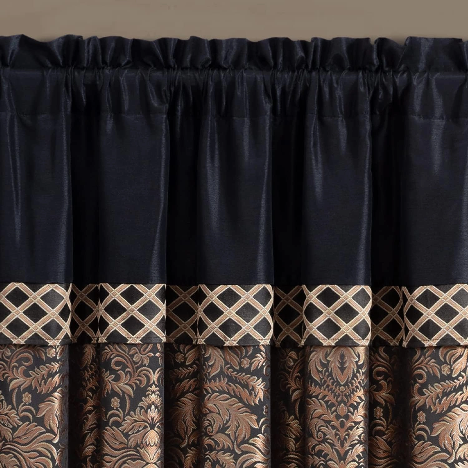 Chezmoi Collection Lisbon 4-Piece Jacquard Floral Window Curtain Set, Sheer Backing, Tassels, Valance, Black/Gold
