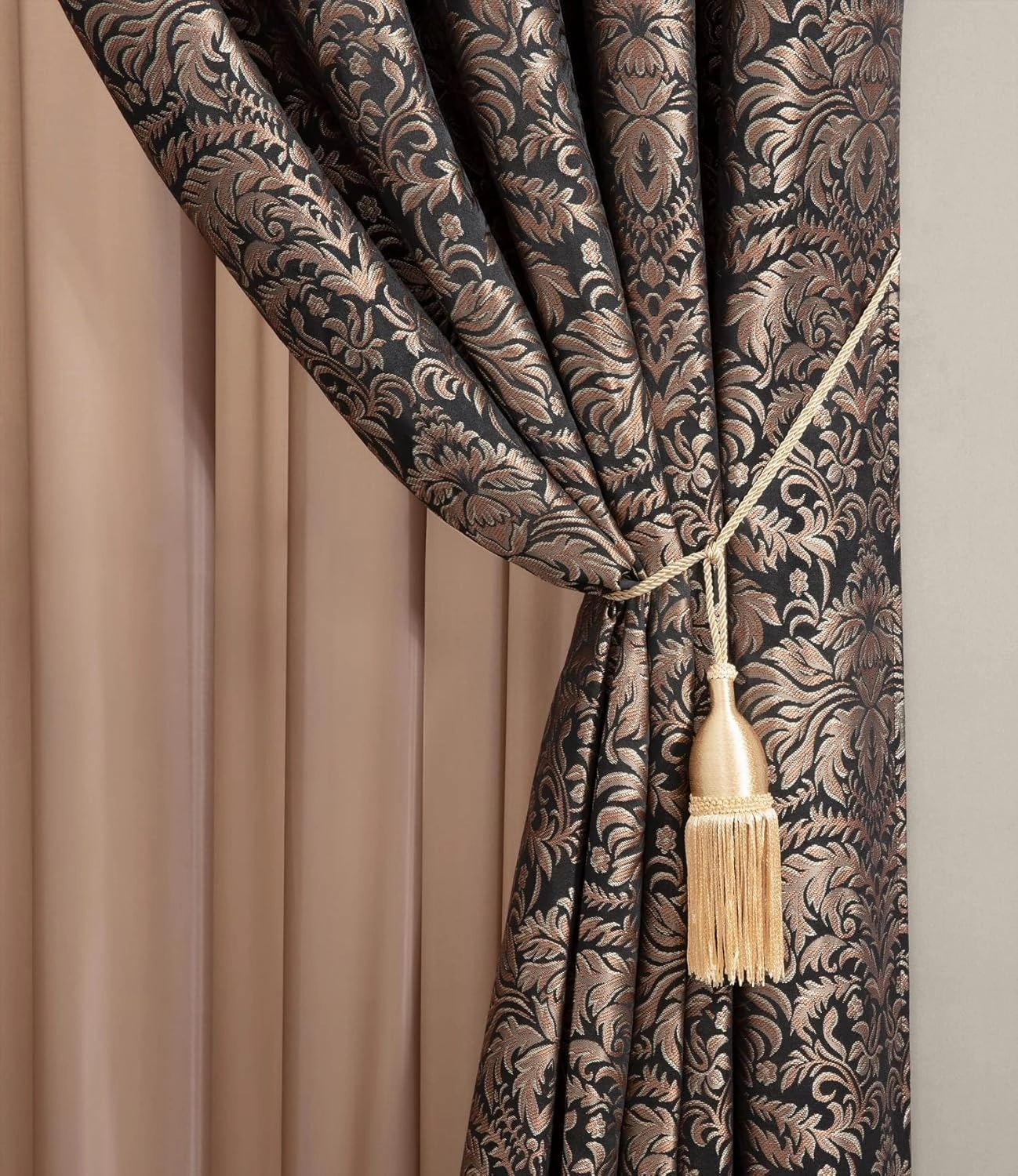 Chezmoi Collection Lisbon 4-Piece Jacquard Floral Window Curtain Set, Sheer Backing, Tassels, Valance, Black/Gold