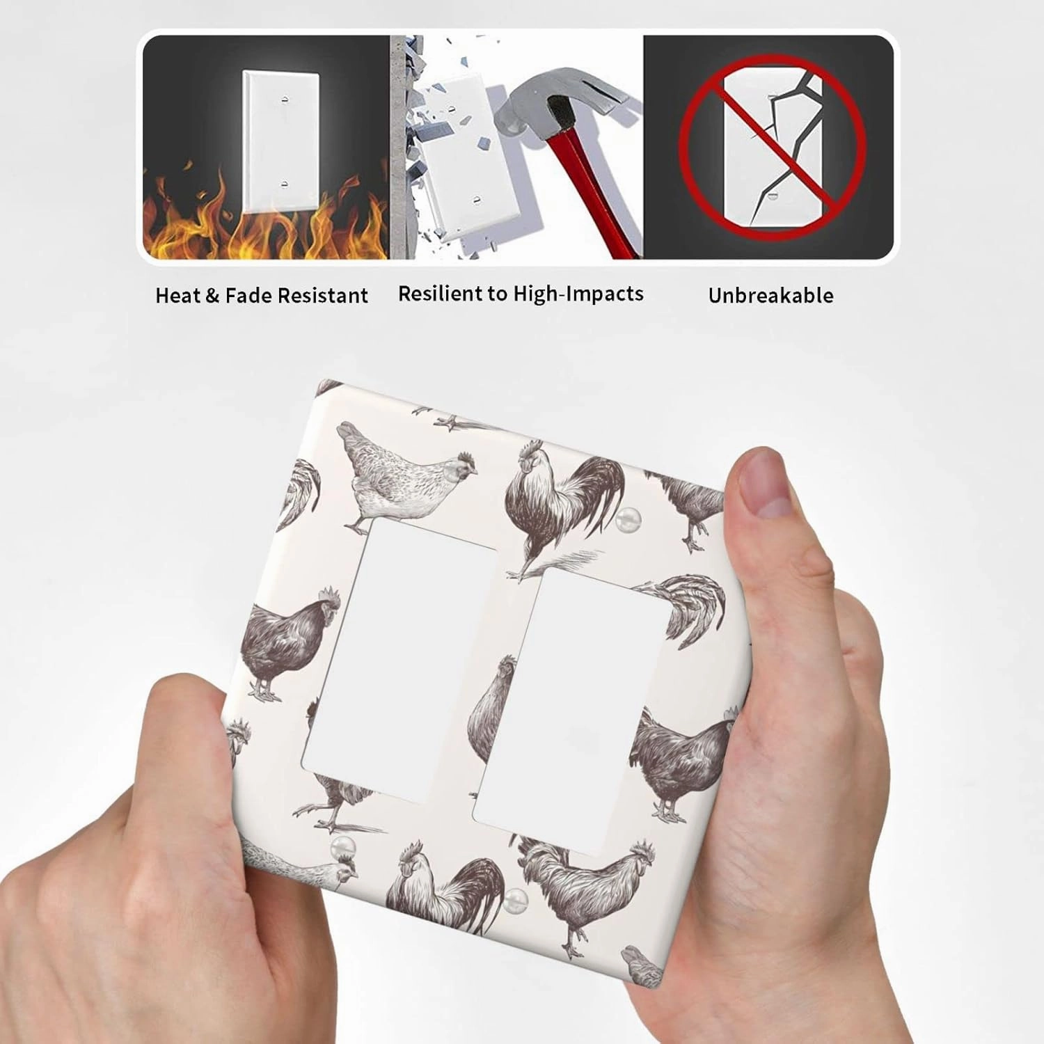 Chicken Cocks And Hens Sketch Rooster 2 Gang Rocker Light Switch Cover Decorative Double Decora Wall Plate Electrical Faceplate GFCI Outlet Covers Switchplate for Bathroom Home Decor