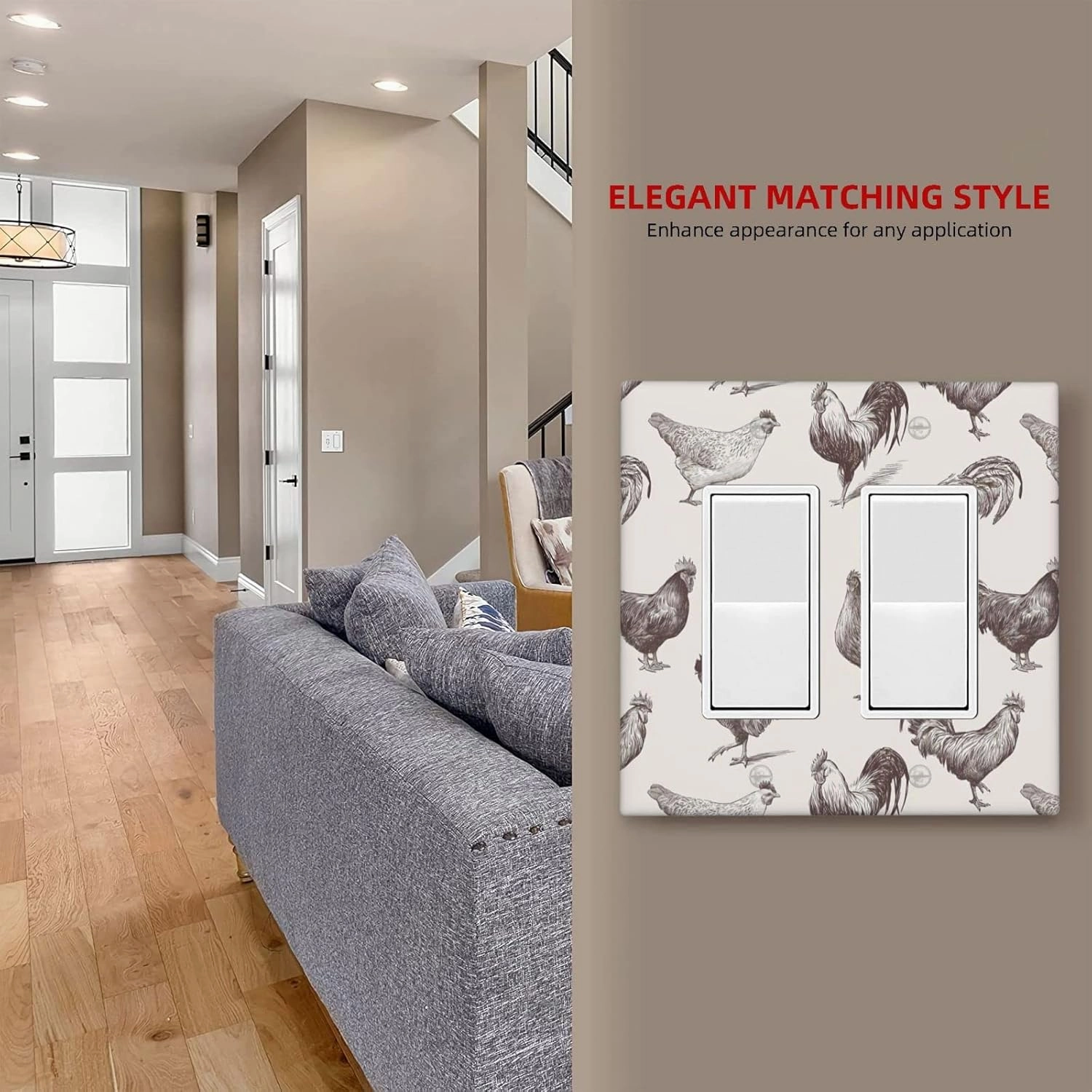 Chicken Cocks And Hens Sketch Rooster 2 Gang Rocker Light Switch Cover Decorative Double Decora Wall Plate Electrical Faceplate GFCI Outlet Covers Switchplate for Bathroom Home Decor