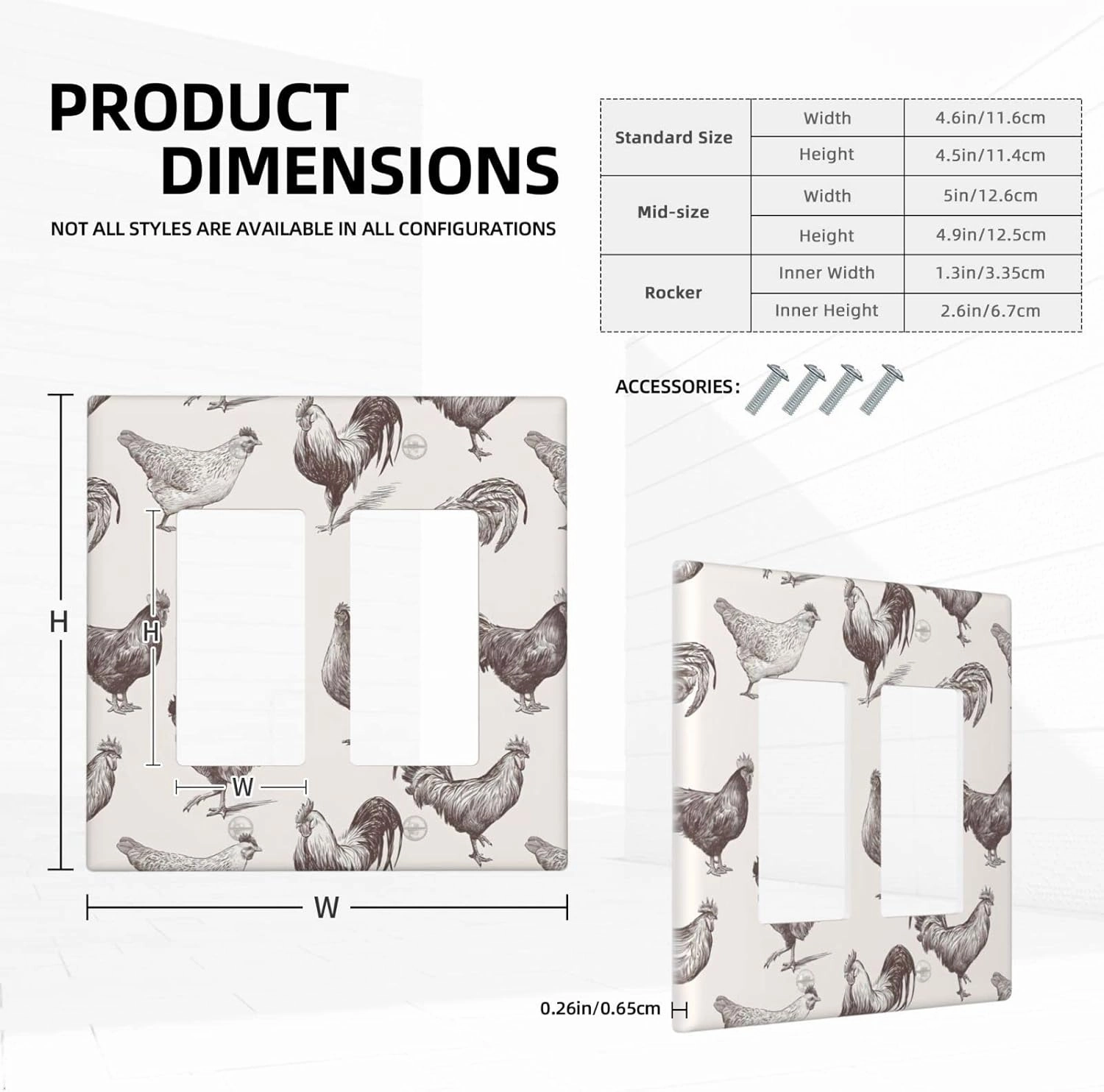 Chicken Cocks And Hens Sketch Rooster 2 Gang Rocker Light Switch Cover Decorative Double Decora Wall Plate Electrical Faceplate GFCI Outlet Covers Switchplate for Bathroom Home Decor