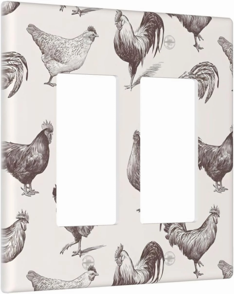 Chicken Cocks And Hens Sketch Rooster 2 Gang Rocker Light Switch Cover Decorative Double Decora Wall Plate Electrical Faceplate GFCI Outlet Covers Switchplate for Bathroom Home Decor