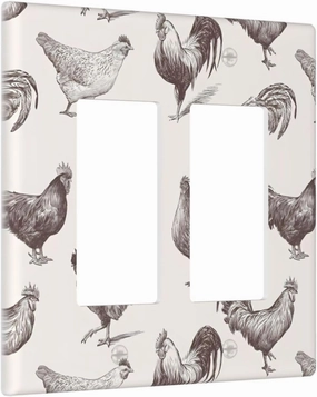 Chicken Cocks And Hens Sketch Rooster 2 Gang Rocker Light Switch Cover Decorative Double Decora Wall Plate Electrical Faceplate GFCI Outlet Covers Switchplate for Bathroom Home Decor