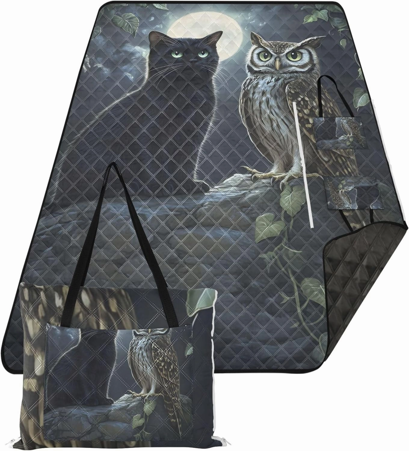 CHIFIGNO Mystic Black Cat Owl Moonlight Beach Blanket Waterproof Sandproof Print Kids Camping Mat for Grass Foldable Mat Picnic Blanket 80" x 60"
