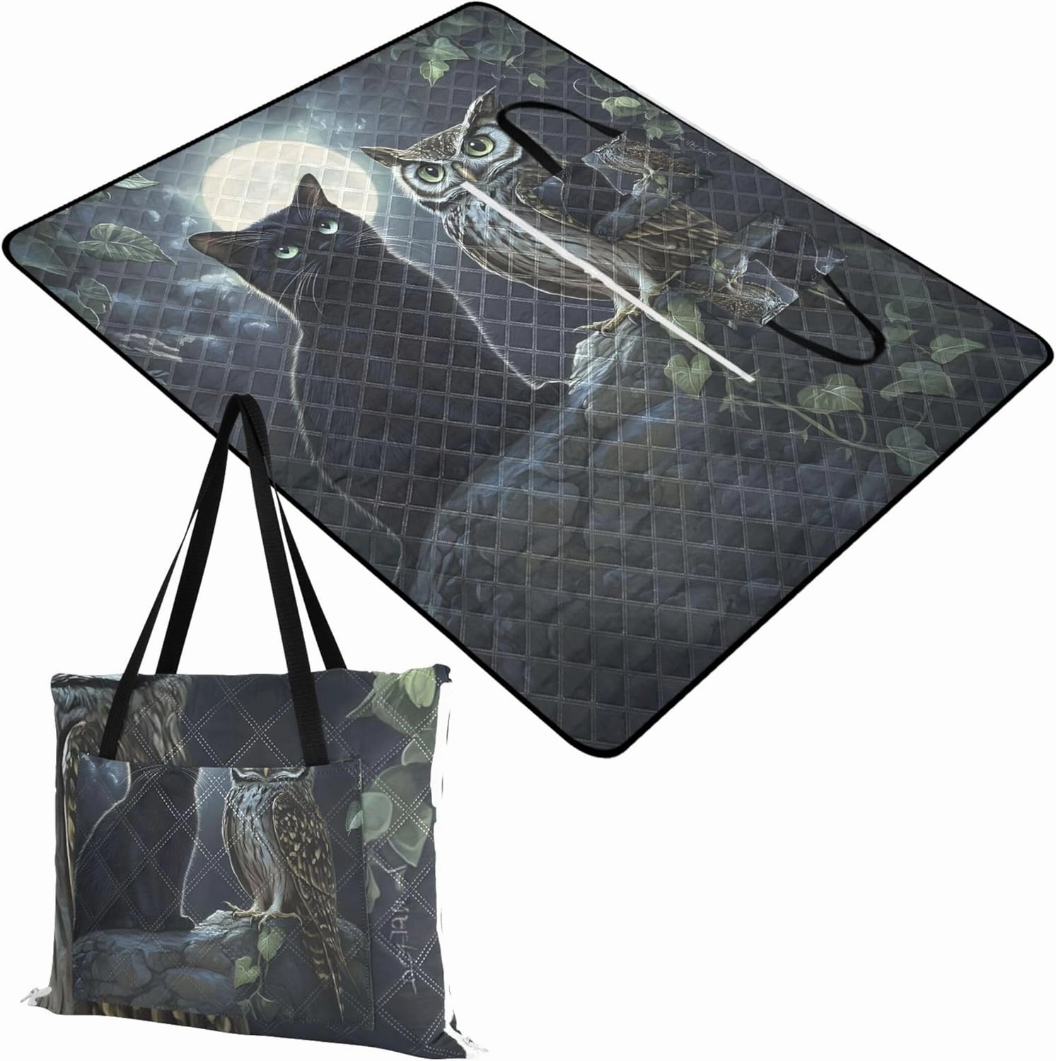 CHIFIGNO Mystic Black Cat Owl Moonlight Beach Blanket Waterproof Sandproof Print Kids Camping Mat for Grass Foldable Mat Picnic Blanket 80" x 60"