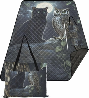 CHIFIGNO Mystic Black Cat Owl Moonlight Beach Blanket Waterproof Sandproof Print Kids Camping Mat for Grass Foldable Mat Picnic Blanket 80" x 60"