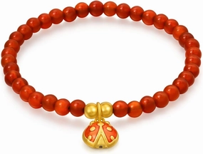 CHOW SANG SANG 999 24K Solid Gold Dainty Beetle Red Agate Bracelet for Women Size 14cm 94676B