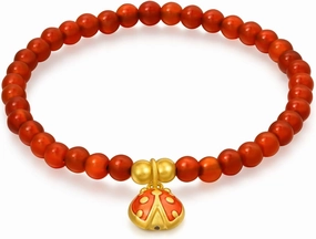 CHOW SANG SANG 999 24K Solid Gold Dainty Beetle Red Agate Bracelet for Women Size 14cm 94676B