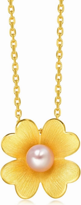 CHOW SANG SANG Chinese Wedding Collection 999.9 24K Solid Gold Bridal Blossom, Four-Leaf Clover with Pearl Pendant for Women 88900P | [Not Include the Necklace]