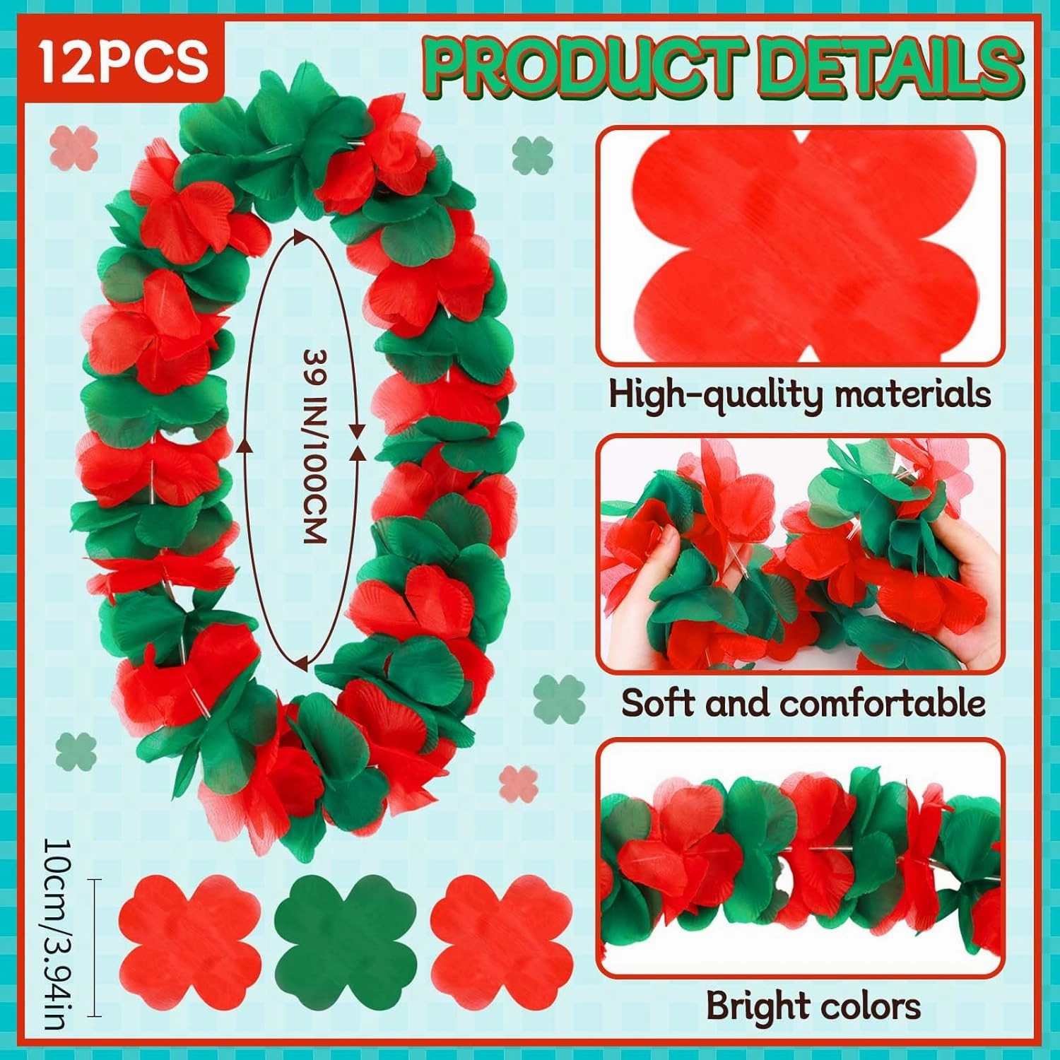Christmas Leis Hawaiian Leis Red and Green Tropical Hawaiian Necklace Flower Christmas Lei Necklace for Christmas Party Favors Masquerade Beach Wedding Themed Carnival Supplies