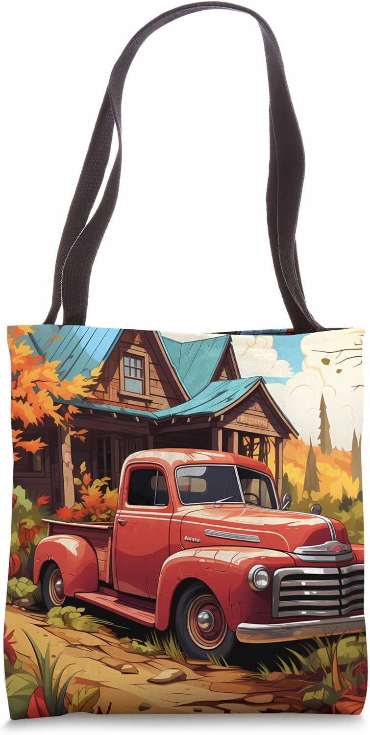 Classic Red Truck, Fall Season Autumn, Country Side Cabin Tote Bag