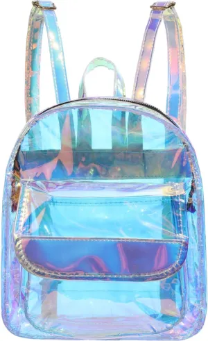 Clear Holographic Backpack, Shiny Iridescent Bookbag Transparent Small Rave Backpack Fashion Daypack Hologram Travel Makeup Bag