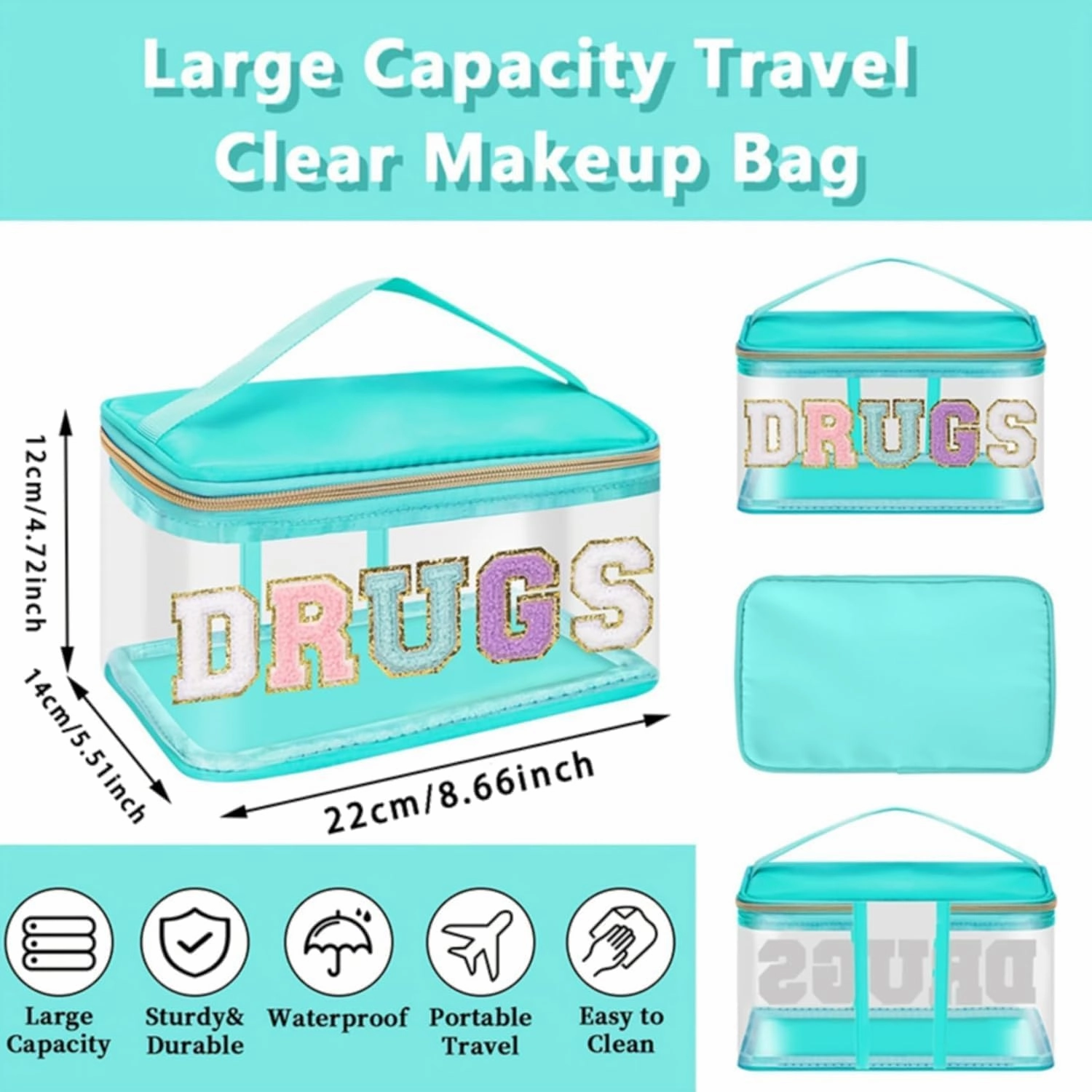 Clear Chenille Letter Makeup Bag Zipper Pouch with Handle Transparent Cosmetic Handbag Travel Toiletry, Pink, One Size