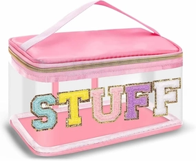 Clear Chenille Letter Makeup Bag Zipper Pouch with Handle Transparent Cosmetic Handbag Travel Toiletry, Pink, One Size