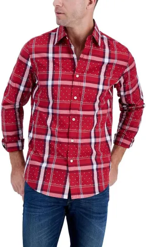 Club Room Mens Cotton Plaid Button-Down Shirt Red M