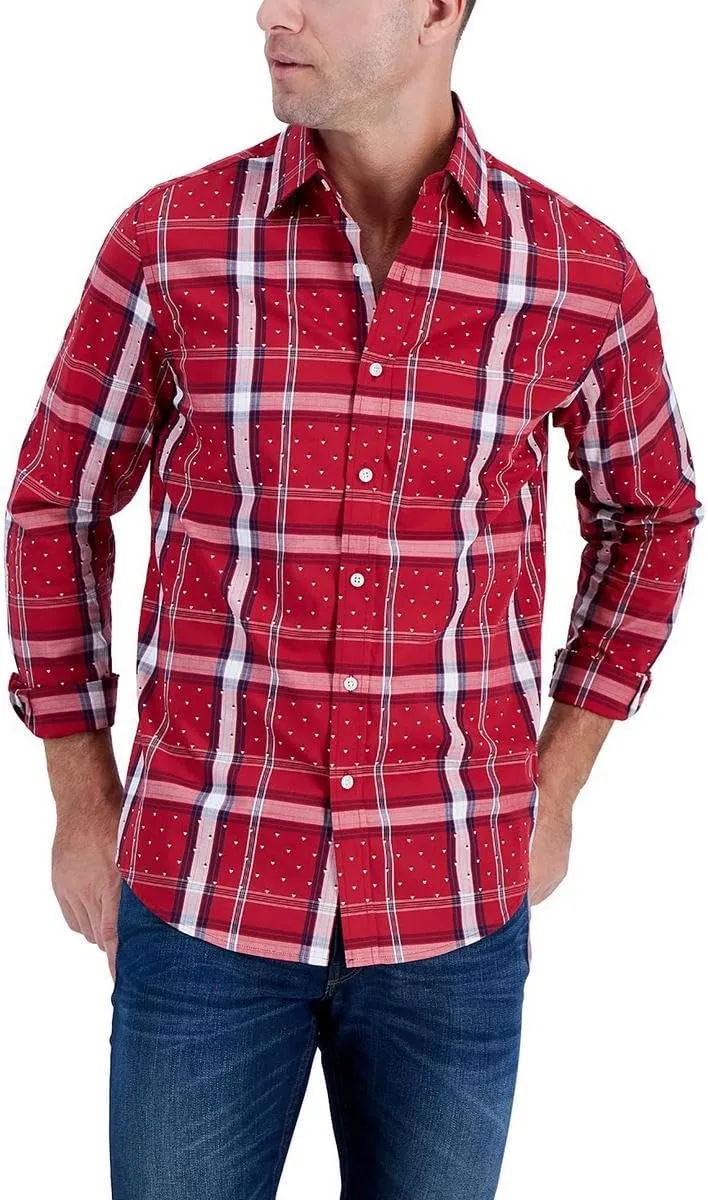 Club Room Mens Cotton Plaid Button-Down Shirt Red M
