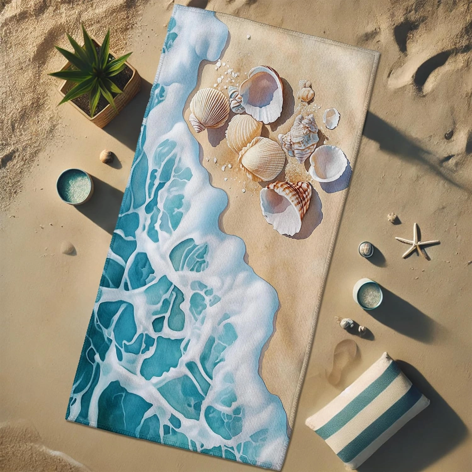 Coastal Blue Microfiber Beach Towel Ocean Wave Shells Print Quick Dry Sand Free Lightweight Travel Blanket, Ideal for Pool Gym Camping Picnic Essentials 62x31 Inch
