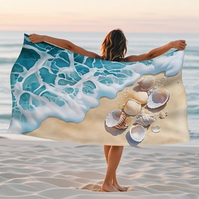 Coastal Blue Microfiber Beach Towel Ocean Wave Shells Print Quick Dry Sand Free Lightweight Travel Blanket, Ideal for Pool Gym Camping Picnic Essentials 62x31 Inch