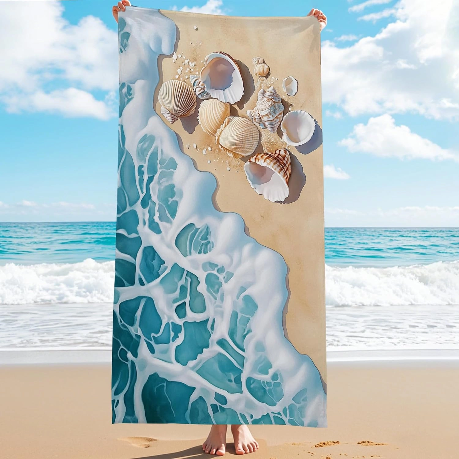 Coastal Blue Microfiber Beach Towel Ocean Wave Shells Print Quick Dry Sand Free Lightweight Travel Blanket, Ideal for Pool Gym Camping Picnic Essentials 62x31 Inch
