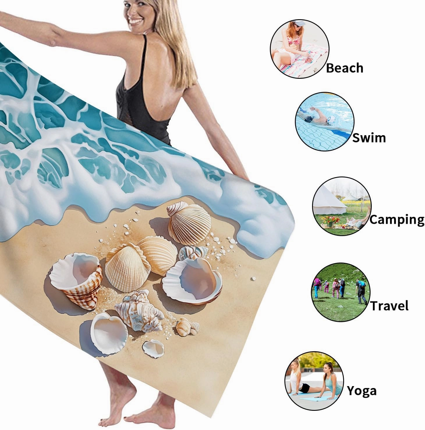 Coastal Blue Microfiber Beach Towel Ocean Wave Shells Print Quick Dry Sand Free Lightweight Travel Blanket, Ideal for Pool Gym Camping Picnic Essentials 62x31 Inch