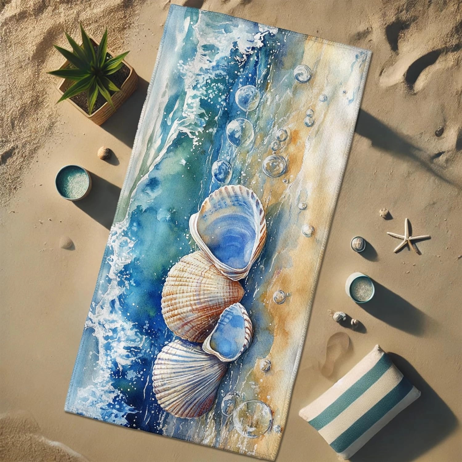Coastal Seashell Microfiber Beach Towel Aqua Blue Ocean Design, Quick Dry Absorbent Soft Sand Free Lightweight Travel Blanket, Vacation Pool Picnic Essentials 62x31 Inch