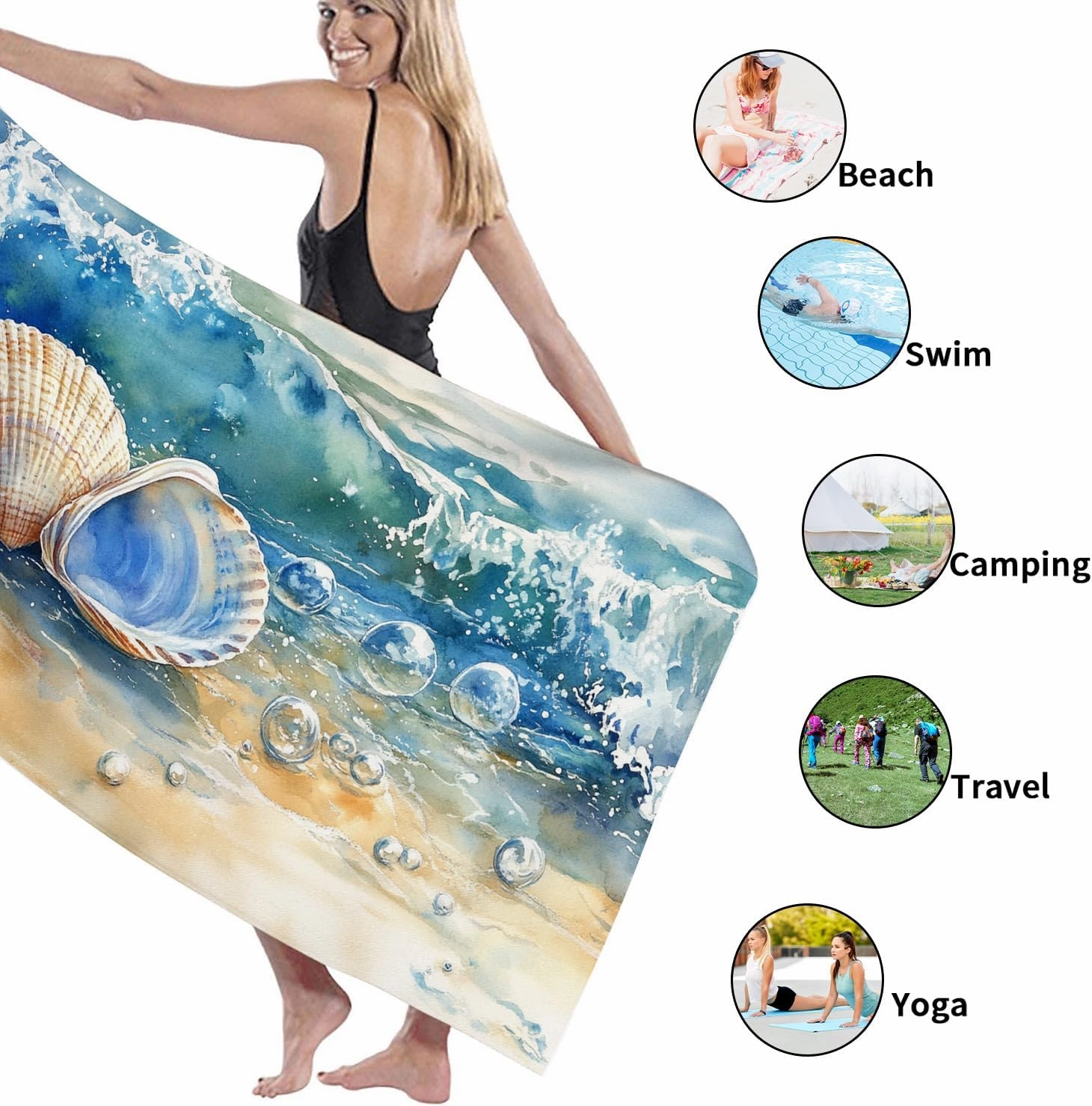Coastal Seashell Microfiber Beach Towel Aqua Blue Ocean Design, Quick Dry Absorbent Soft Sand Free Lightweight Travel Blanket, Vacation Pool Picnic Essentials 62x31 Inch