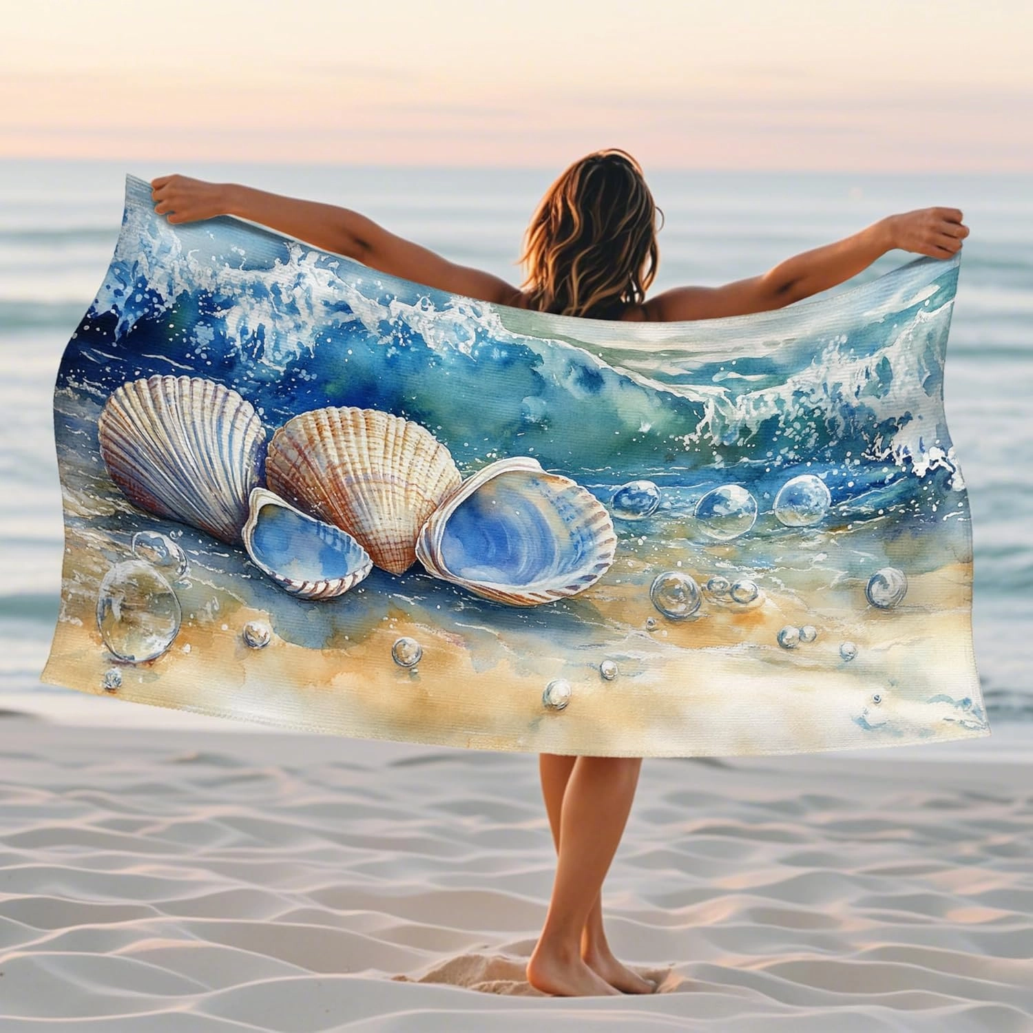 Coastal Seashell Microfiber Beach Towel Aqua Blue Ocean Design, Quick Dry Absorbent Soft Sand Free Lightweight Travel Blanket, Vacation Pool Picnic Essentials 62x31 Inch
