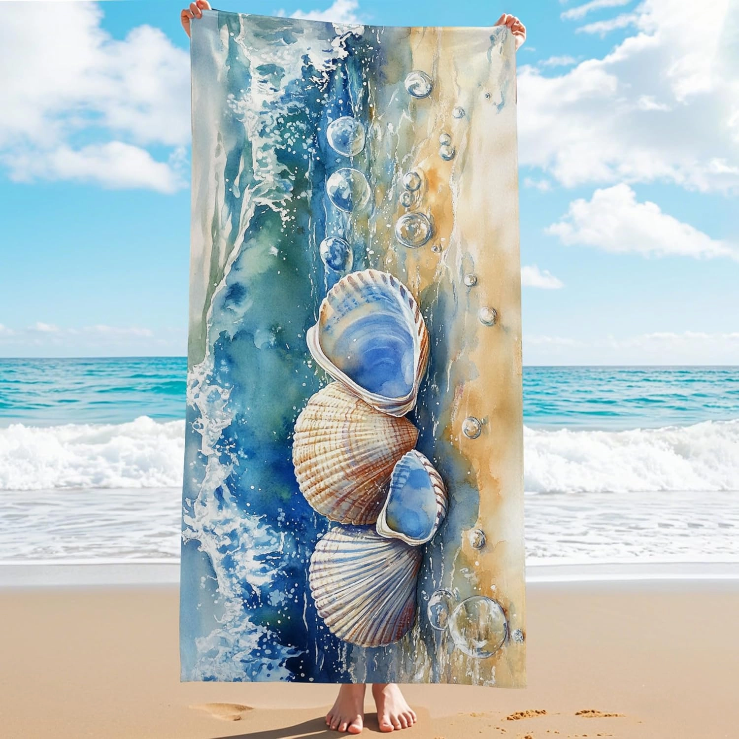 Coastal Seashell Microfiber Beach Towel Aqua Blue Ocean Design, Quick Dry Absorbent Soft Sand Free Lightweight Travel Blanket, Vacation Pool Picnic Essentials 62x31 Inch