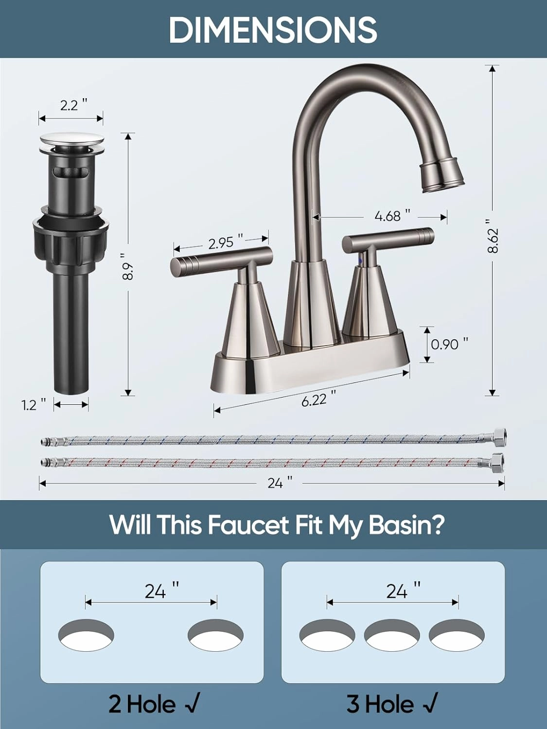 Cobbe Bathroom Faucets for Sink 3 Hole, 4 Inch with Pop Up Drain and 2 Supply Hoses, 2 Handle Centerset Bathroom Faucet for Sink Vanity, Brushed Nickel, 2 Pack