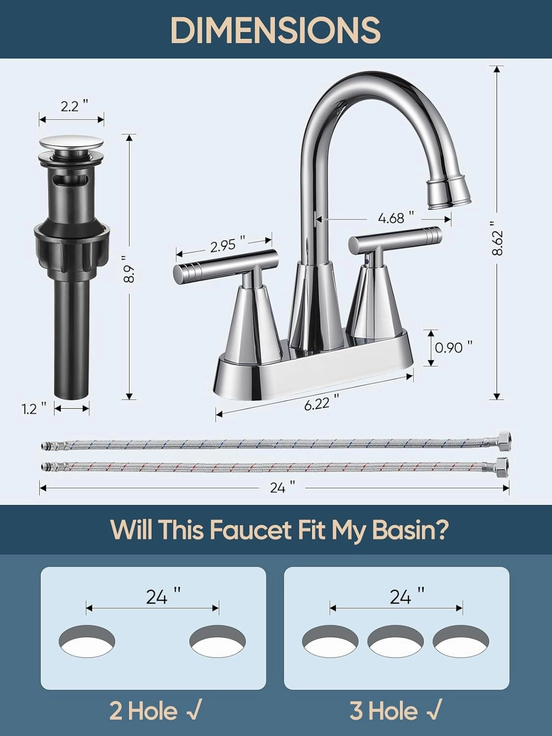 Cobbe Bathroom Faucets for Sink 3 Hole, 4 Inch with Pop Up Drain and 2 Supply Hoses, 2 Handle Centerset Bathroom Faucet for Sink Vanity, Chrome, 2 Pack