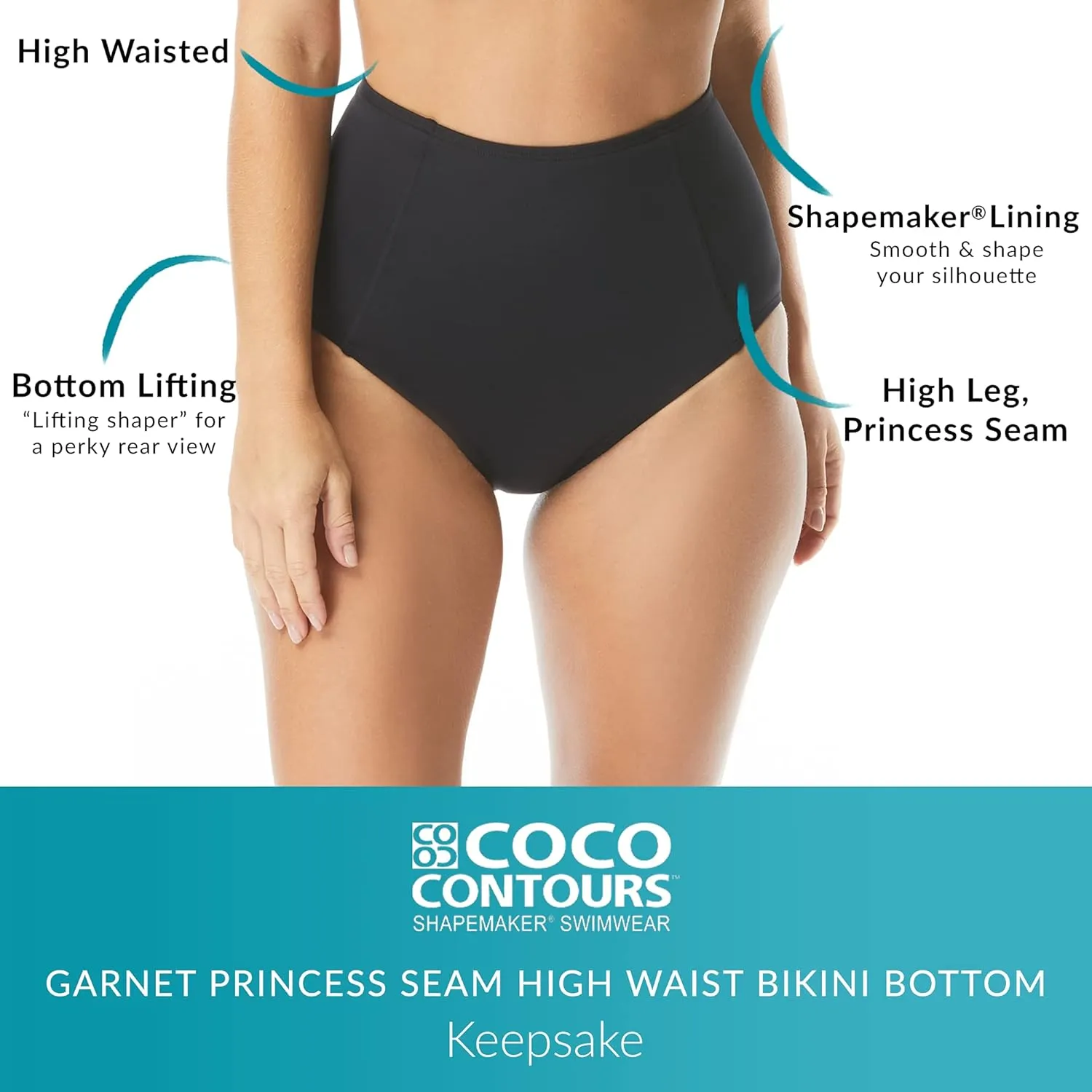 Coco Contours High Waist Bikini Bottom — Swimsuit Bottom with Shapemaker Lining — Lift, Tummy Control