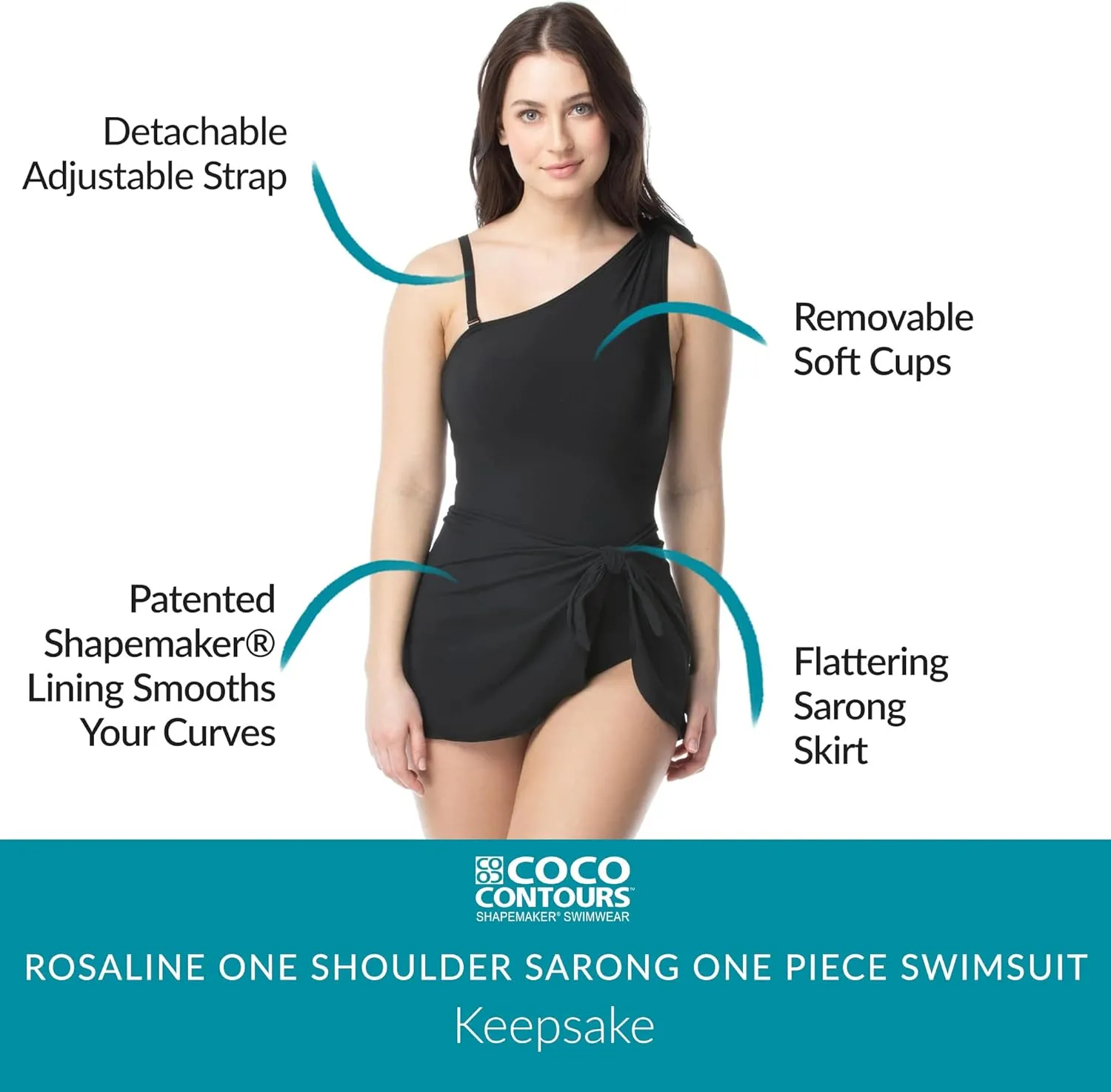 Coco Contours Rosaline One Shoulder Sarong One Piece Swimsuit — Bra Sized Figure Shaping Swimwear