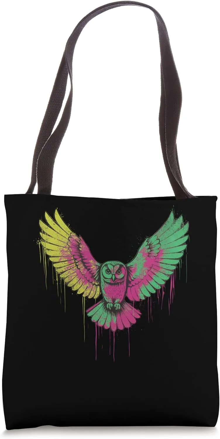Colorful Owl in Flight With Paint Drips Tote Bag