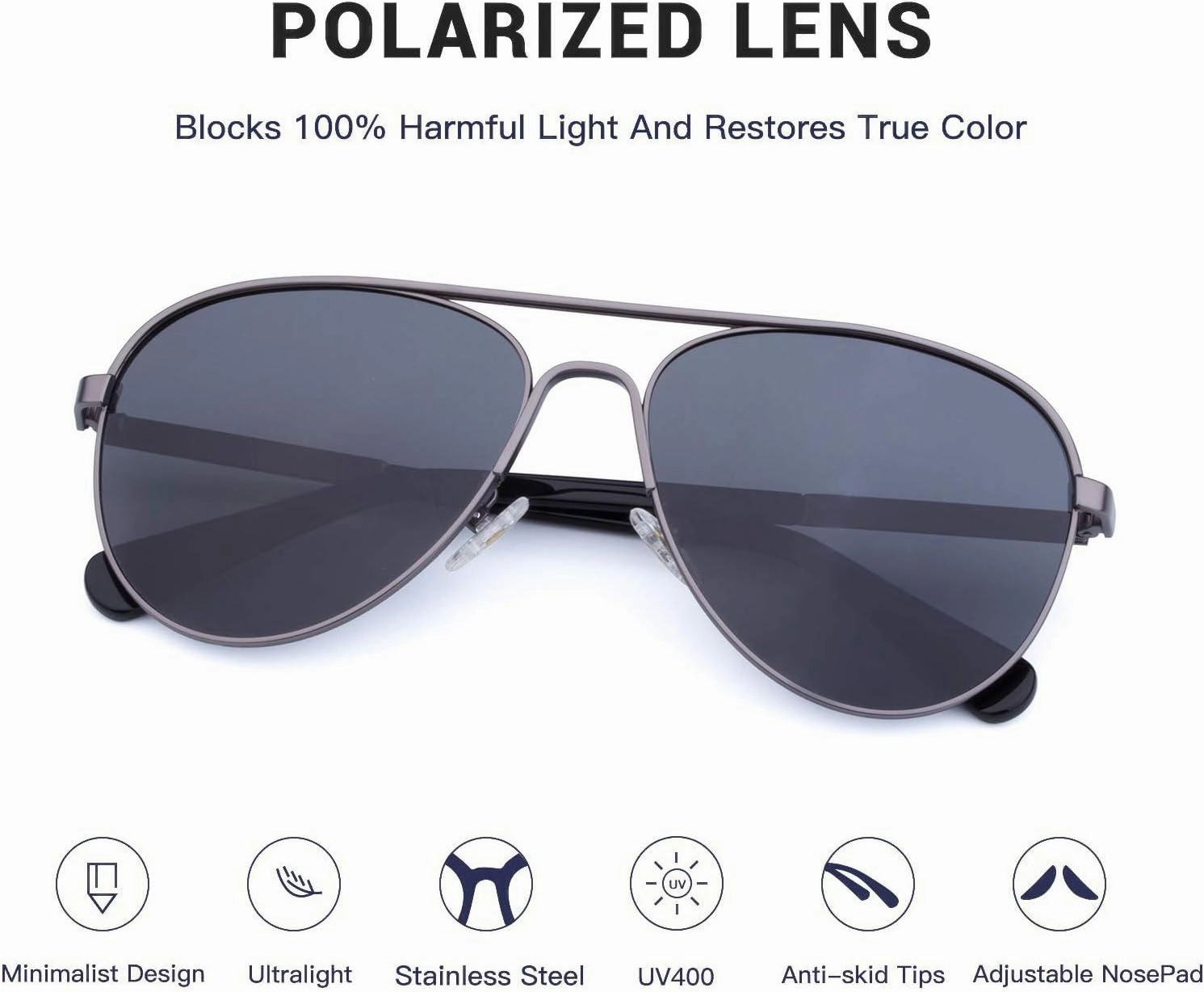 COLOSSEIN Aviator Polarized Sunglasses for Men Stainless Steel Frame Handcrafted Legs UV400 Lenses Driving Outdoor Eyewear