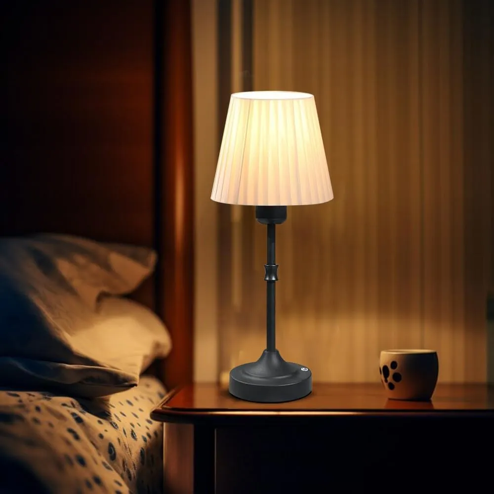 Cordless LED Metal Table Lamp, Portable Fabric Shade Desk Lamp, 3-Level Brightness, Touch Sensor Control, Rechargeable Bedside/Nursery/Dining Room Lamp (Black)
